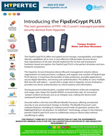 Hypertec 8GB FipsEnCrypt PLUS RUGGED 140-2 Level 3 256Bit Datasheet | Manualzz