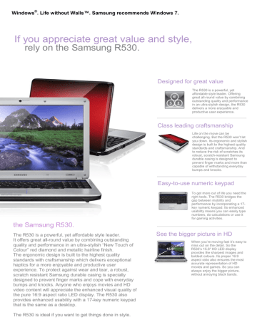 Samsung R series NP-R530-JA0DUK notebook Datasheet | Manualzz