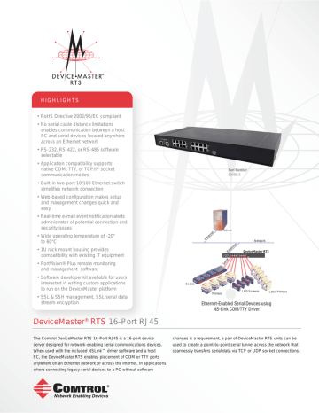 Comtrol DeviceMaster RTS 16-Port RJ45 Datasheet | Manualzz