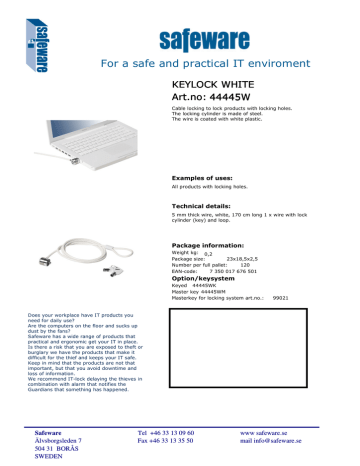 Safeware 44445W cable lock Datasheet | Manualzz