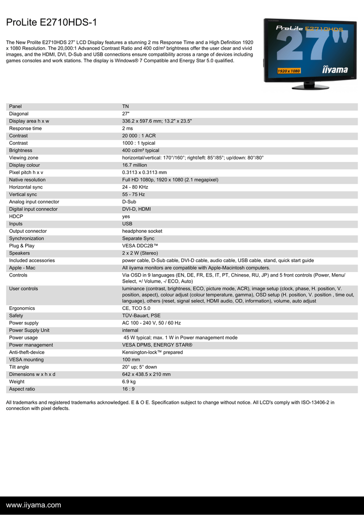 iiyama ProLite E2710HDS-1 Datasheet 