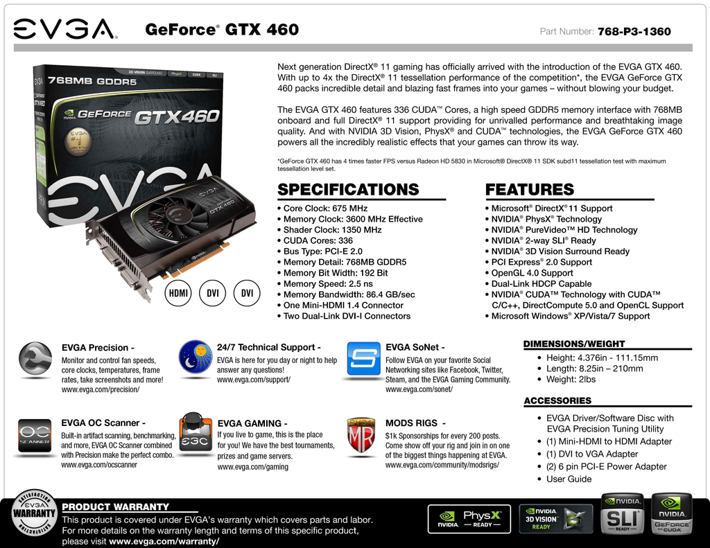 Evga 768 P3 1360 Et Nvidia Geforce Gtx 460 Graphics Card Manualzz