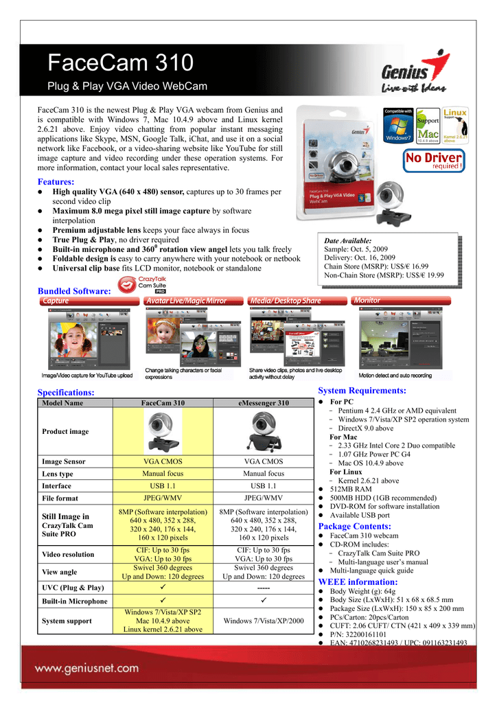 Genius FaceCam 310 Datenblatt Manualzz