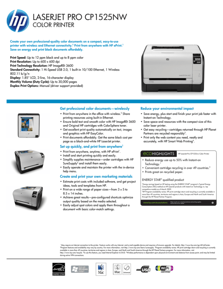hp laserjet pro cp1525nw color printer