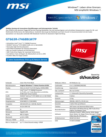 MSI Megabook GT640 GT663R-i7468BLW7P Datenblatt | Manualzz