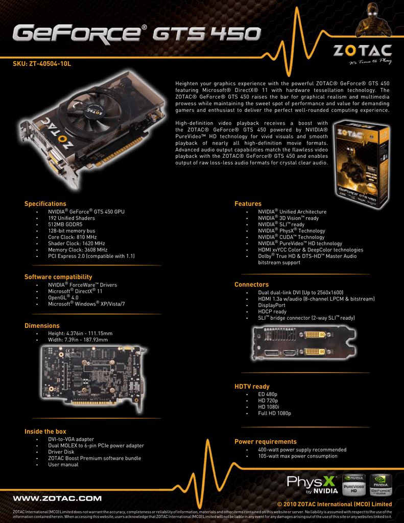 Zotac Zt 10l Nvidia Geforce Gts 450 Graphics Card Datasheet Manualzz