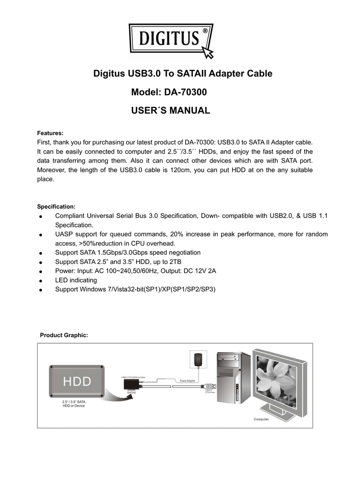 3.5/",2.5/" DIGITUS DA-70300 USB 2.0//USB3.0 to SATA II HDD Adapter