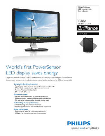 Philips Brilliance LED monitor with PowerSensor 235PL2EB Datasheet | Manualzz