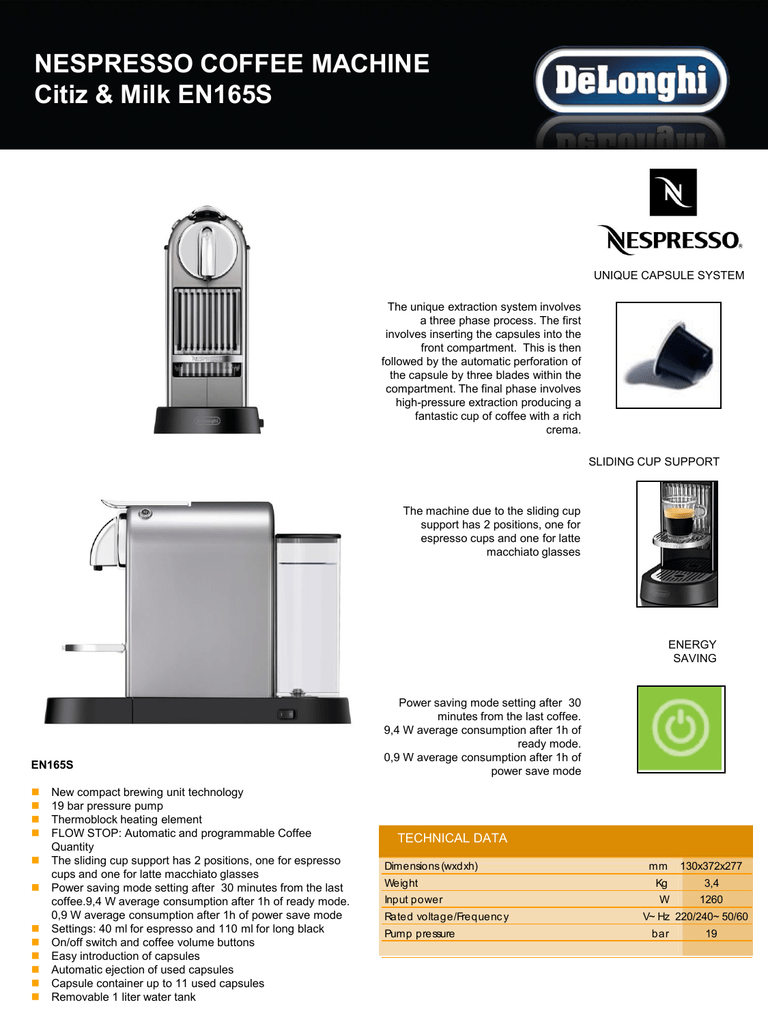 Delonghi En165s Coffee Maker Datasheet Manualzz