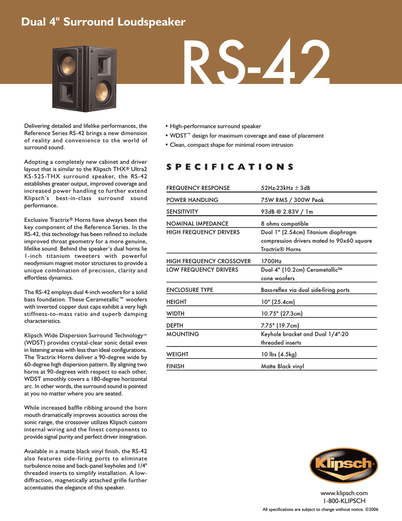 Klipsch Rs 42 Specification Manualzz