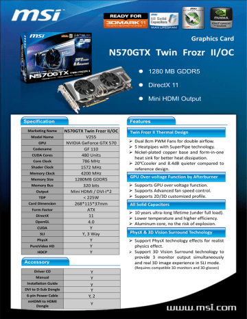MSI N570GTX Twin Frozr II/OC NVIDIA GeForce GTX 570 1.25GB Datasheet | Manualzz