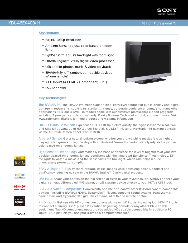 Sony Kdl-46ex400 H Datasheet 