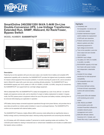 Tripp Lite SmartOnline 240/208/120V 6kVA 5.4kW On-Line Double-Conversion UPS, Low-Voltage Transformer, Extended Run, SNMP, Webcard, 6U Rack/Tower, Bypass Switch Datasheet | Manualzz
