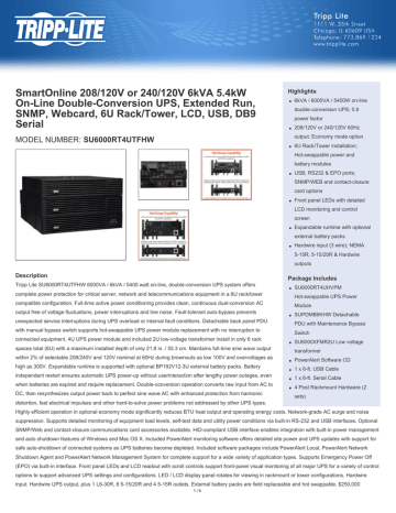 Tripp Lite SmartOnline 208/120V or 240/120V 6kVA 5.4kW On-Line Double-Conversion UPS, Extended Run, SNMP, Webcard, 6U Rack/Tower, LCD, USB, DB9 Serial Datasheet | Manualzz