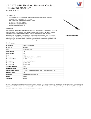 V7 CAT6 STP Shielded Network Cable 1 (RJ45m/m) black 1m Datasheet | Manualzz