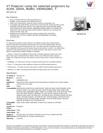V7 Projector Lamp for selected projectors by ACER, GEHA, NOBO, VIEWSONIC, T Datasheet | Manualzz