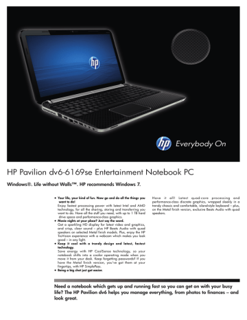 Hp Pavilion Dv6 6169se Datasheet Manualzz