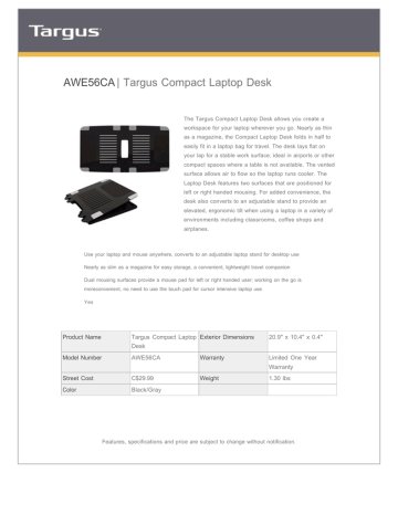 Targus AWE56CA notebook cooling pad Datasheet | Manualzz