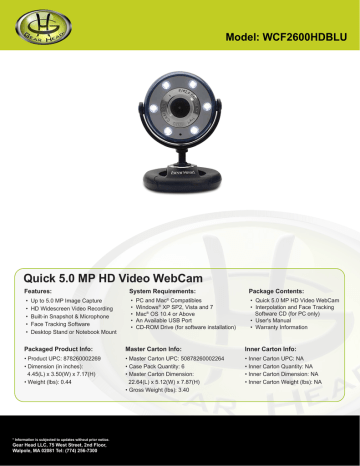 Gear Head WCF2600HDBLU webcam Datasheet | Manualzz