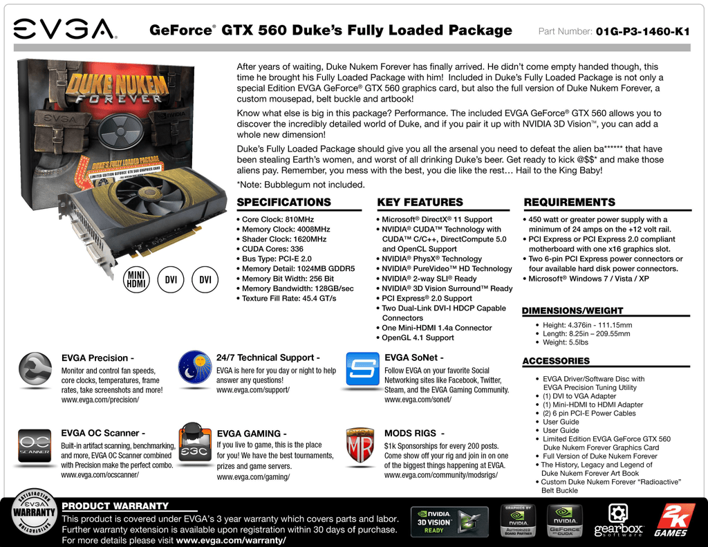 Evga 01g P3 1460 K1 Nvidia Geforce Gtx 560 1gb Graphics Card Datasheet Manualzz