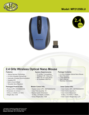 Gear Head MP2125BLU mice Datasheet | Manualzz