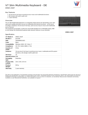 V7 Slim Multimedia Keyboard - DE Datasheet | Manualzz