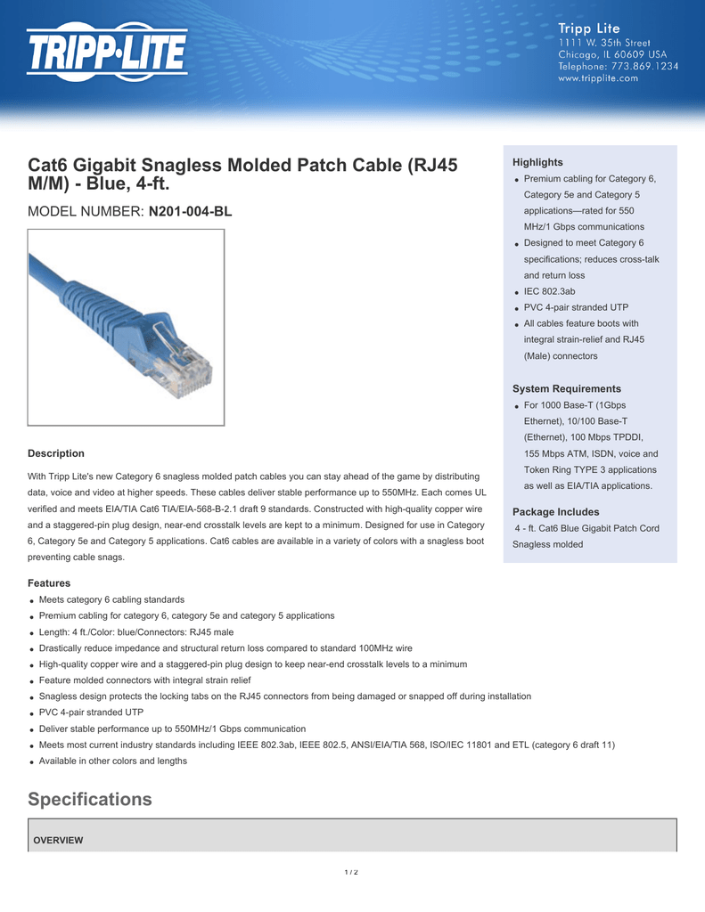 20-feet Blue Size 20 feet Color Tripp Lite N201-020-BL Cat6 Gigabit Blue Snagless Molded Patch Cable RJ45M/M 