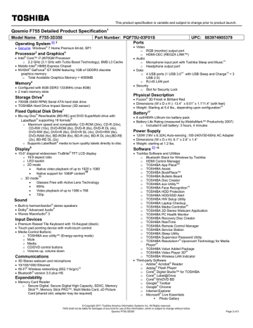 Toshiba Qosmio F755-3D350 Datasheet | Manualzz