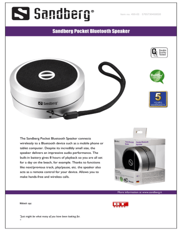 Sandberg Pocket Bluetooth Speaker Datasheet | Manualzz