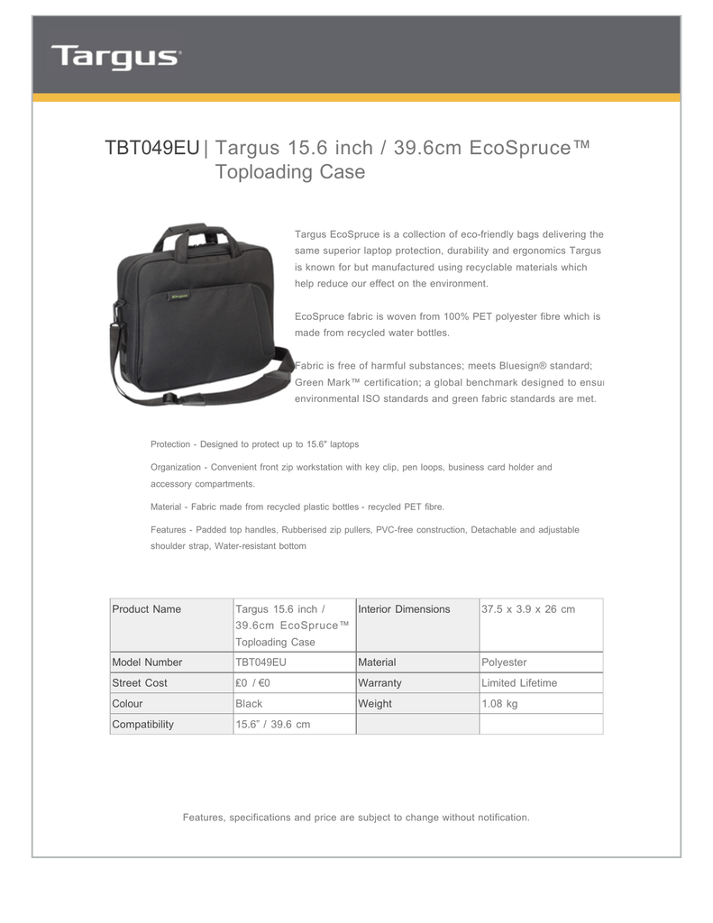 Targus 15.6'' EcoSpruce Datasheet 