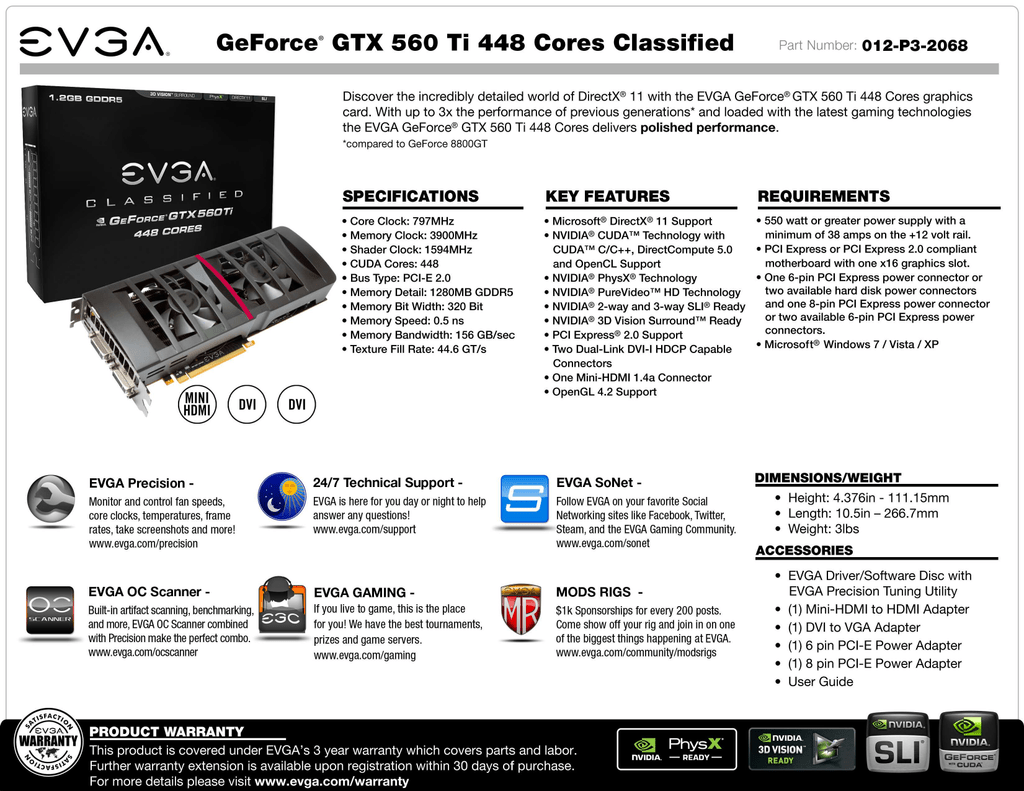 HDMI 01G-P3-1556-K eVGA NVIDIA GeForce 550Ti 1GB Dual DVI SLI PCI-E Video Card