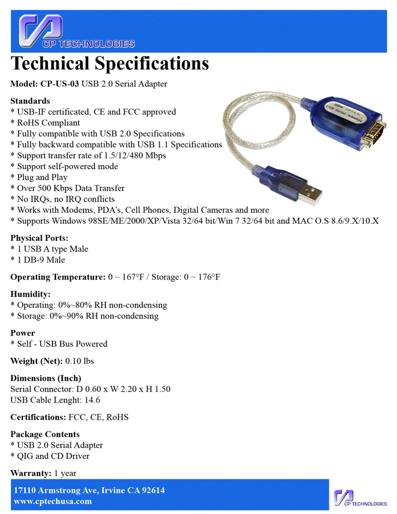 CPUS03 CP Technologies USB 2.0 Serial Adapter Serial Cables Computers