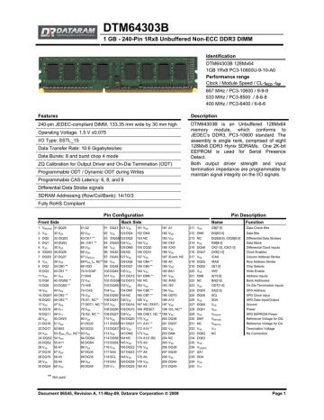 Dataram 1GB DDR3 Datasheet | Manualzz