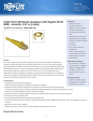 Tripp Lite Cat6 Gigabit Snagless Molded Patch Cable (RJ45 M/M) - Yellow, 2-ft. Ficha de datos | Manualzz