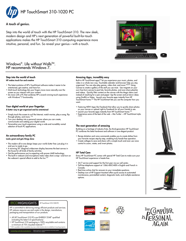 Hp Touchsmart 310 10 Datasheet Manualzz