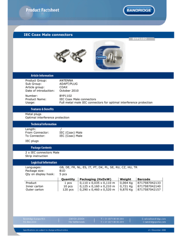 Bandridge BYP1102 coaxial connector Datasheet | Manualzz