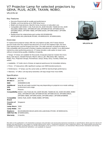 V7 Projector Lamp for selected projectors by GEHA, PLUS, ACER, TAXAN, NOBO, Datasheet | Manualzz