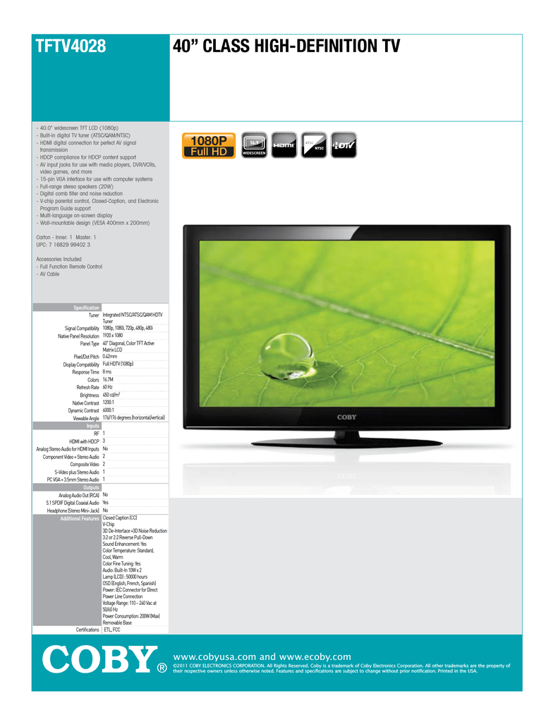Coby TFTV4028 LCD TV Specification 