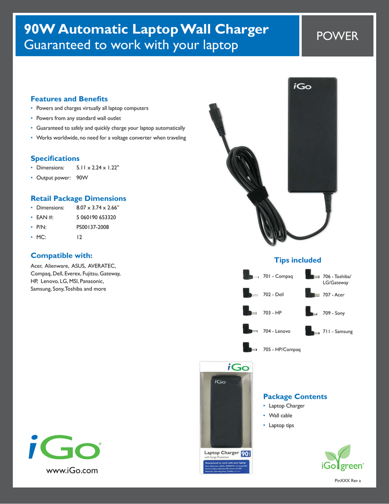 iGo 90W Automatic Laptop Wall Charger Datasheet | Manualzz