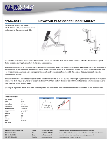 Newstar FPMA-D941 flat panel desk mount Datasheet | Manualzz
