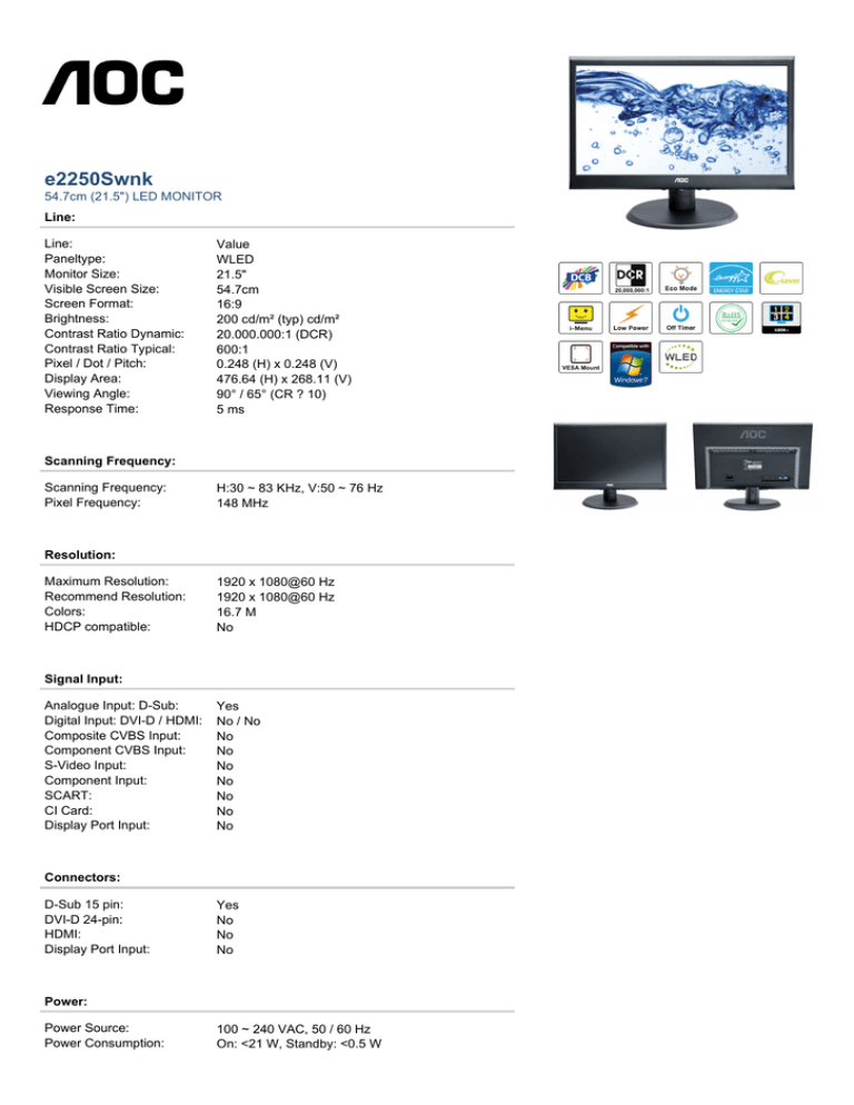 Aoc E2250swnk Datasheet Manualzz