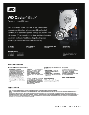 Western Digital Caviar Black 500GB 7200rpm SATA 6Gb/s 64MB Product Features | Manualzz