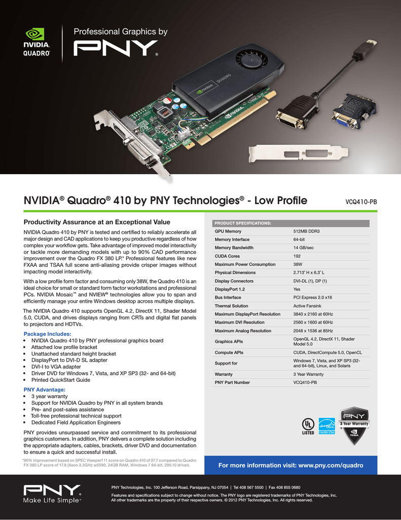 PNY VCQ410-PB NVIDIA Quadro 410 0.5GB graphics card Datasheet 