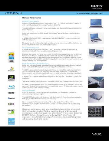 Sony VAIO VPCF112FX Datasheet | Manualzz