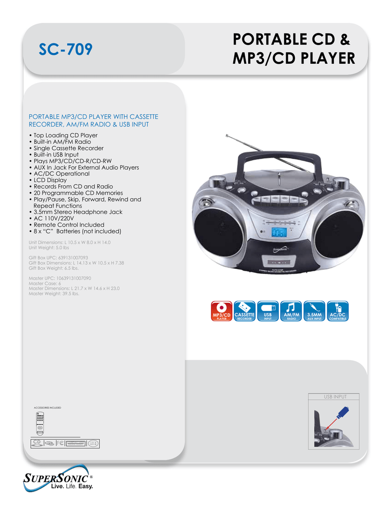 Supersonic SC-709 Portable MP3/CD Player with Cassette Recorder, AM/FM  Radio & USB Input