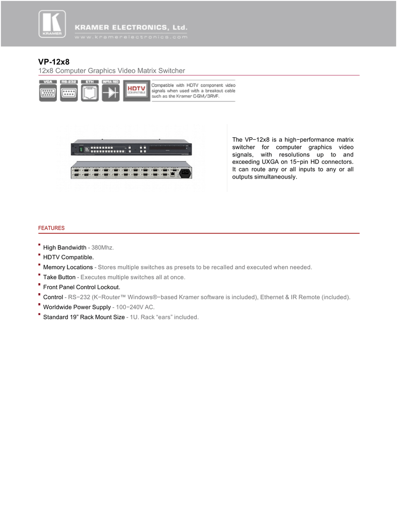 Kramer VP-23C Presentation Switcher 1U Rackmountable w// Rack Ears
