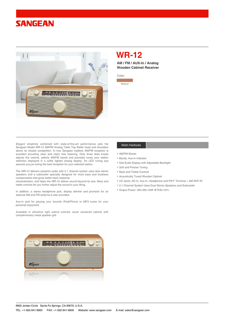 Sangean WR-12 AM/FM/Aux-In Stereo Analog Wooden Cabinet Radio Walnut 