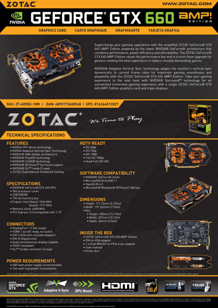 Zotac Zt 10m Nvidia Geforce Gtx 660 2gb Graphics Card Datasheet Manualzz