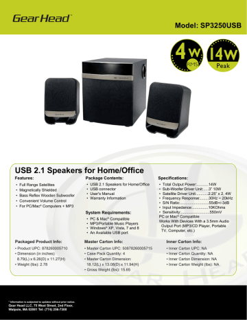 Gear Head SP3250USB speaker set Datasheet | Manualzz
