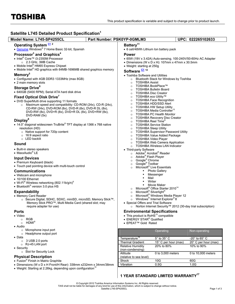 Toshiba Satellite L745 Driver Windows 10 64 Bit